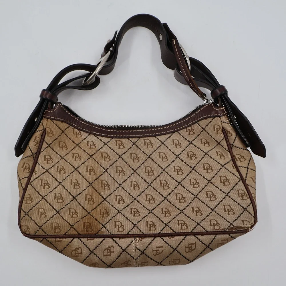 Dooney & Bourke Monogram Hobo Bag Womens Small Tan Brown Canvas Leather Vintage